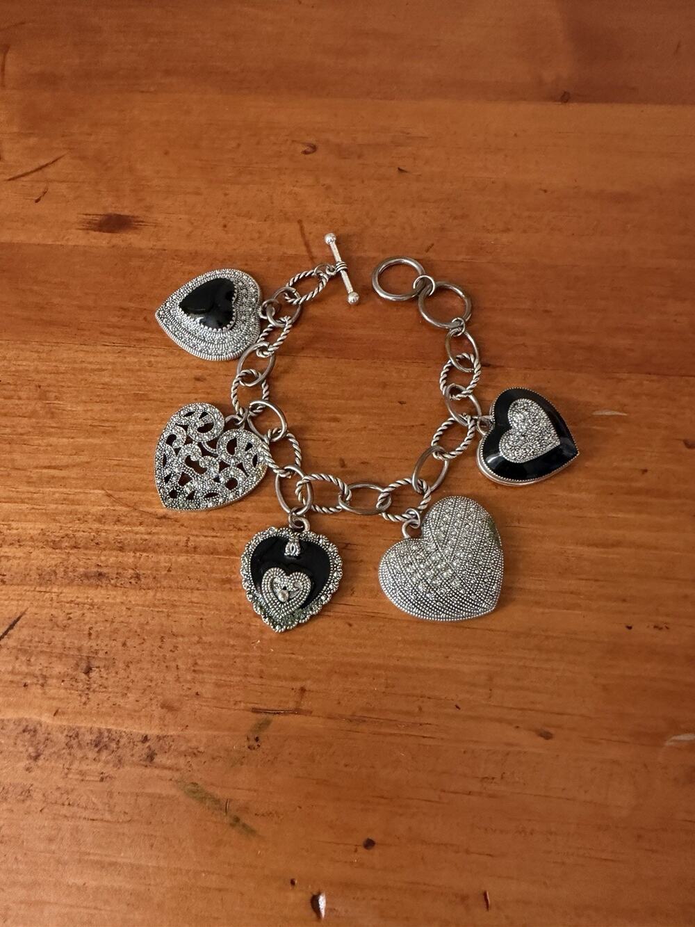 Silver Tone Heart Charm Bracelet Dangle Romantic Jewelry Gift Idea